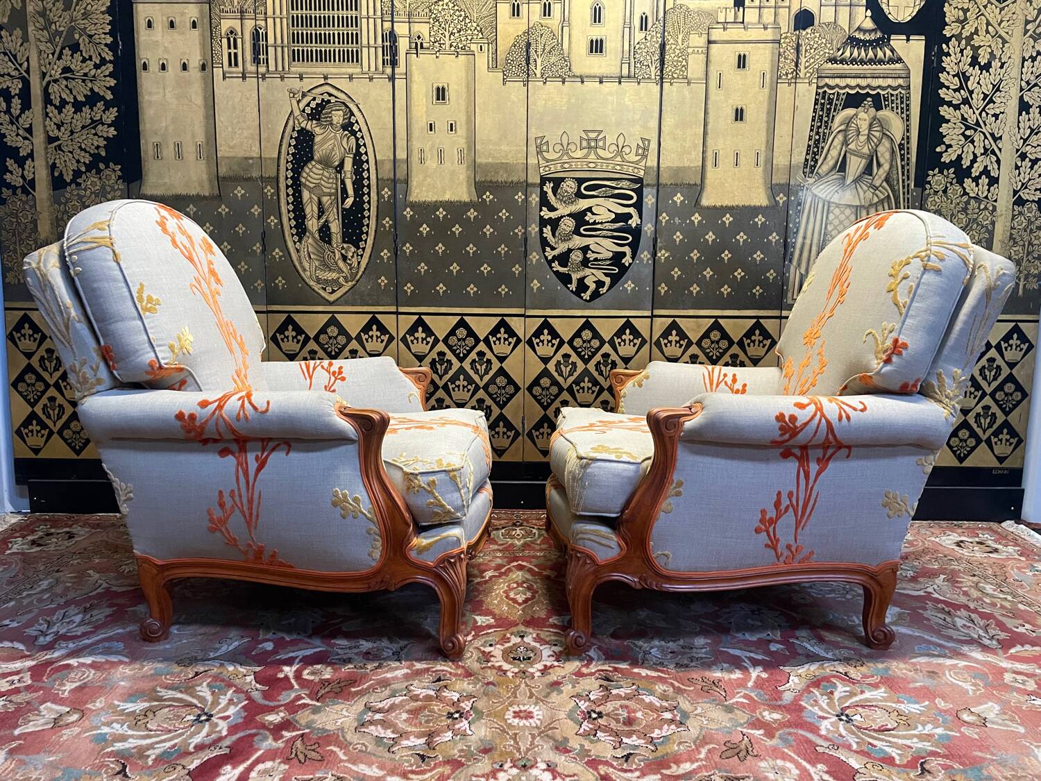 Pair of Louis XV style bergere armchairs