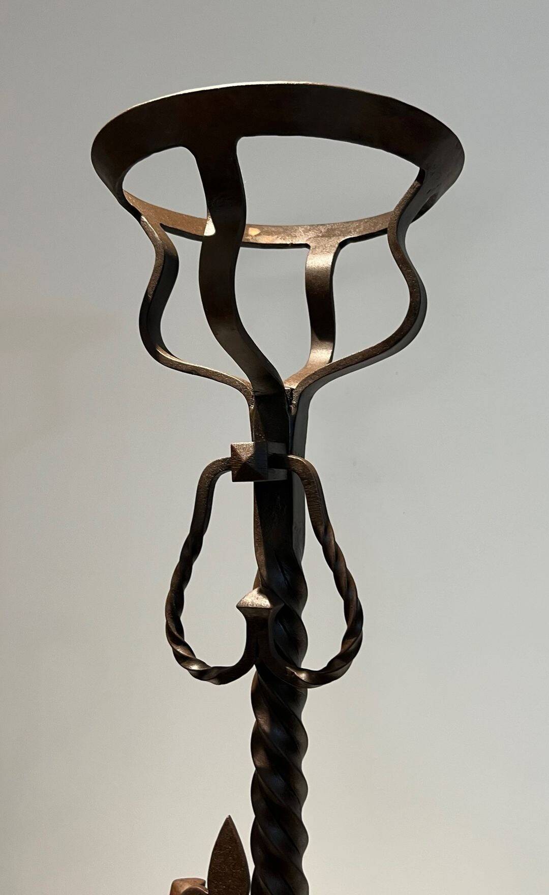 Important Pair of Gothic Wrought Iron Andirons with Fleur-de-Lis