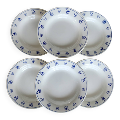 6 assiettes creuses vintage en faïence motif petit déjeuner