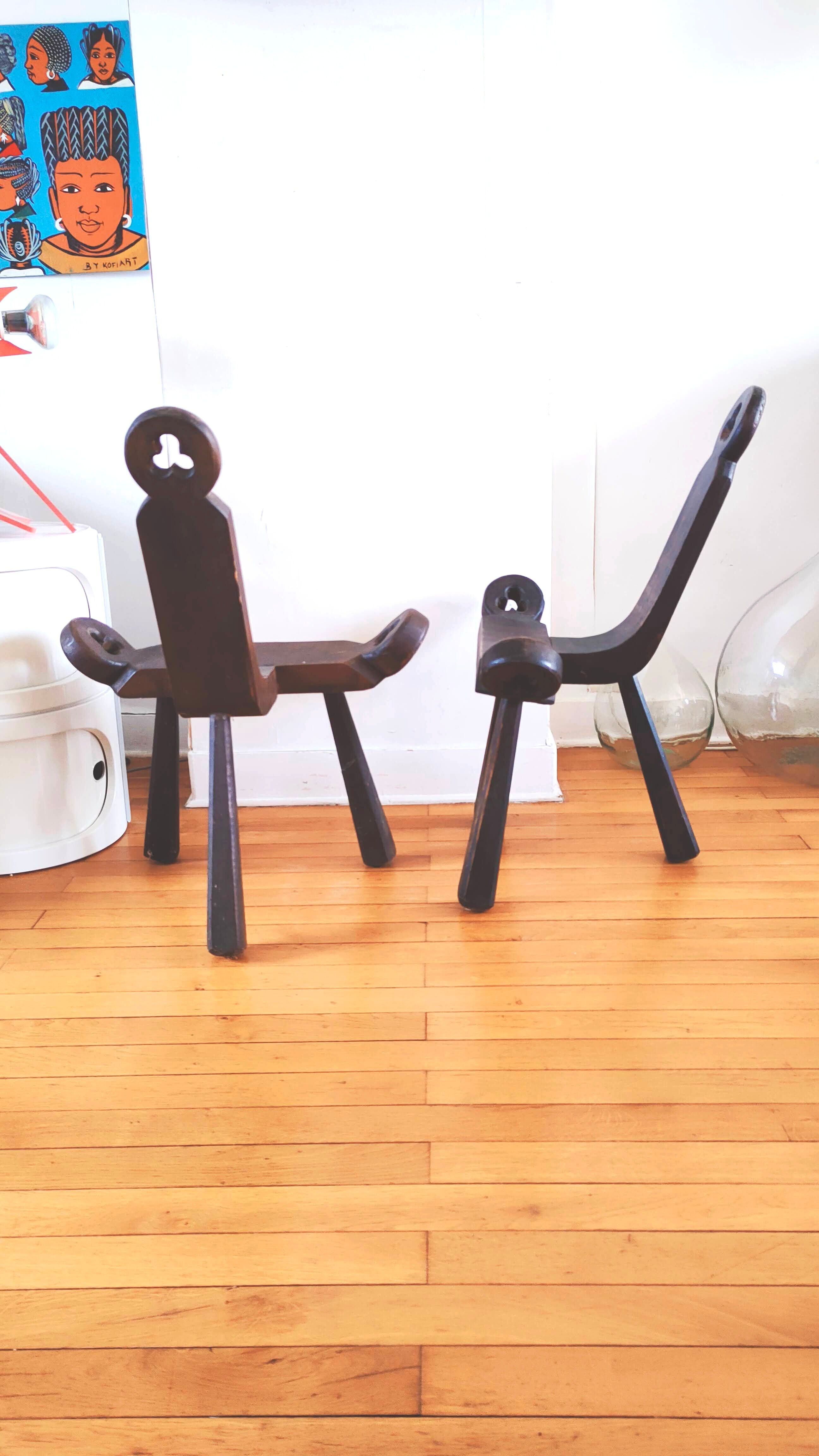 Pair of brutalist chairs tripod feet