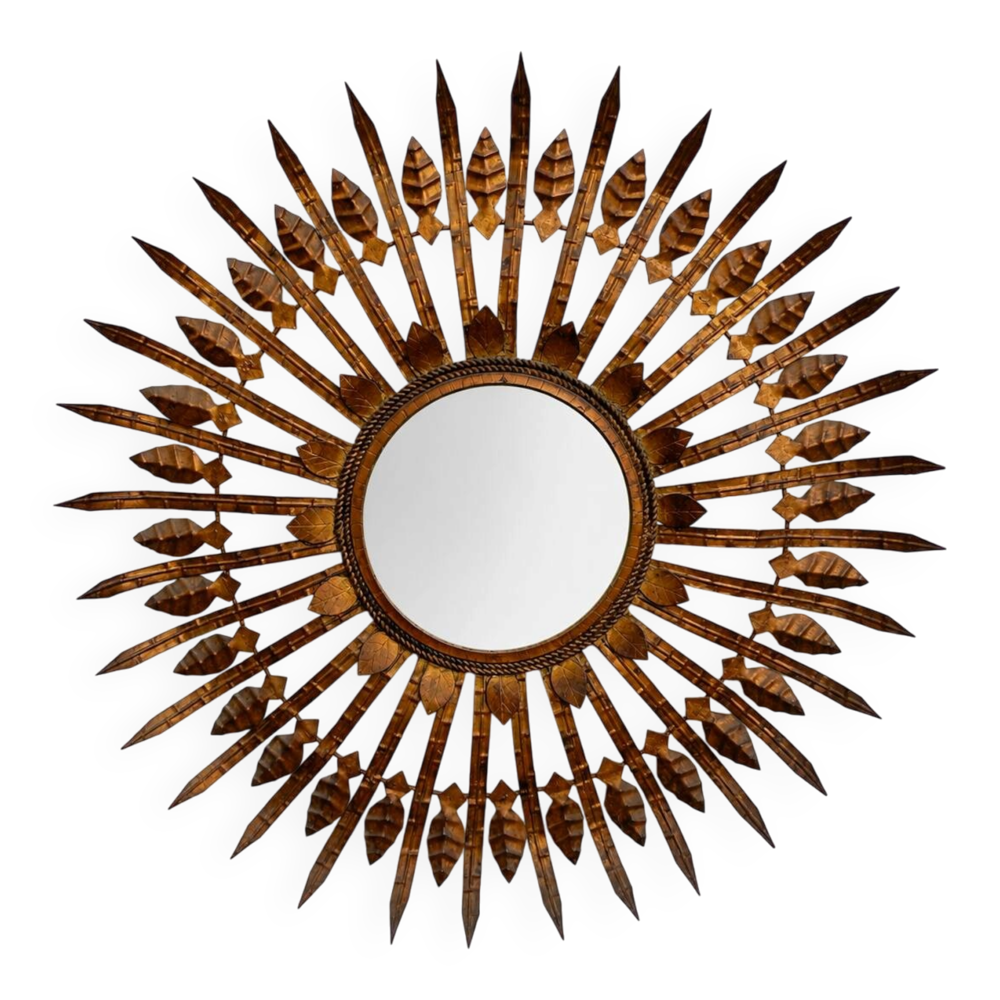 Vintage sun mirror in patinated gold metal – Spain 1950s / 60s