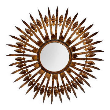 Vintage sun mirror in patinated gold metal – Spain 1950s / 60s