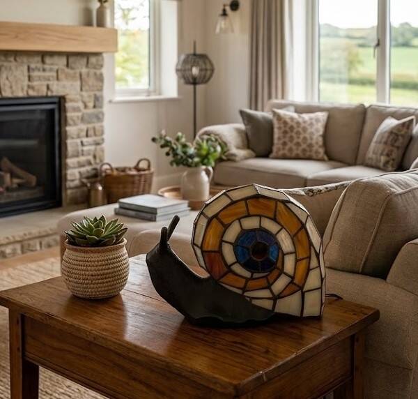 Tiffany-style lamp in the shape of a snail.