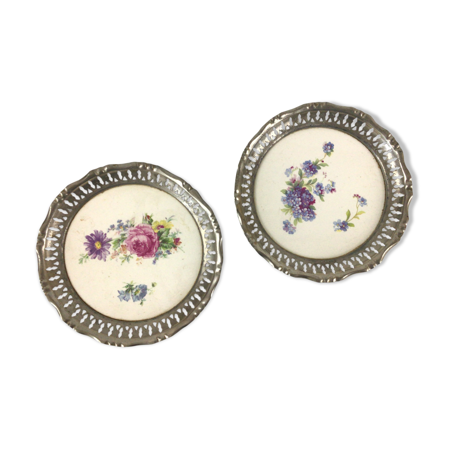 Paire de dessous de bouteille Métal et faience