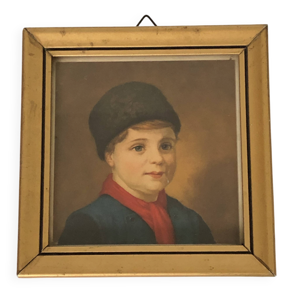 Portrait ancien sous verre - cadre en bois doré