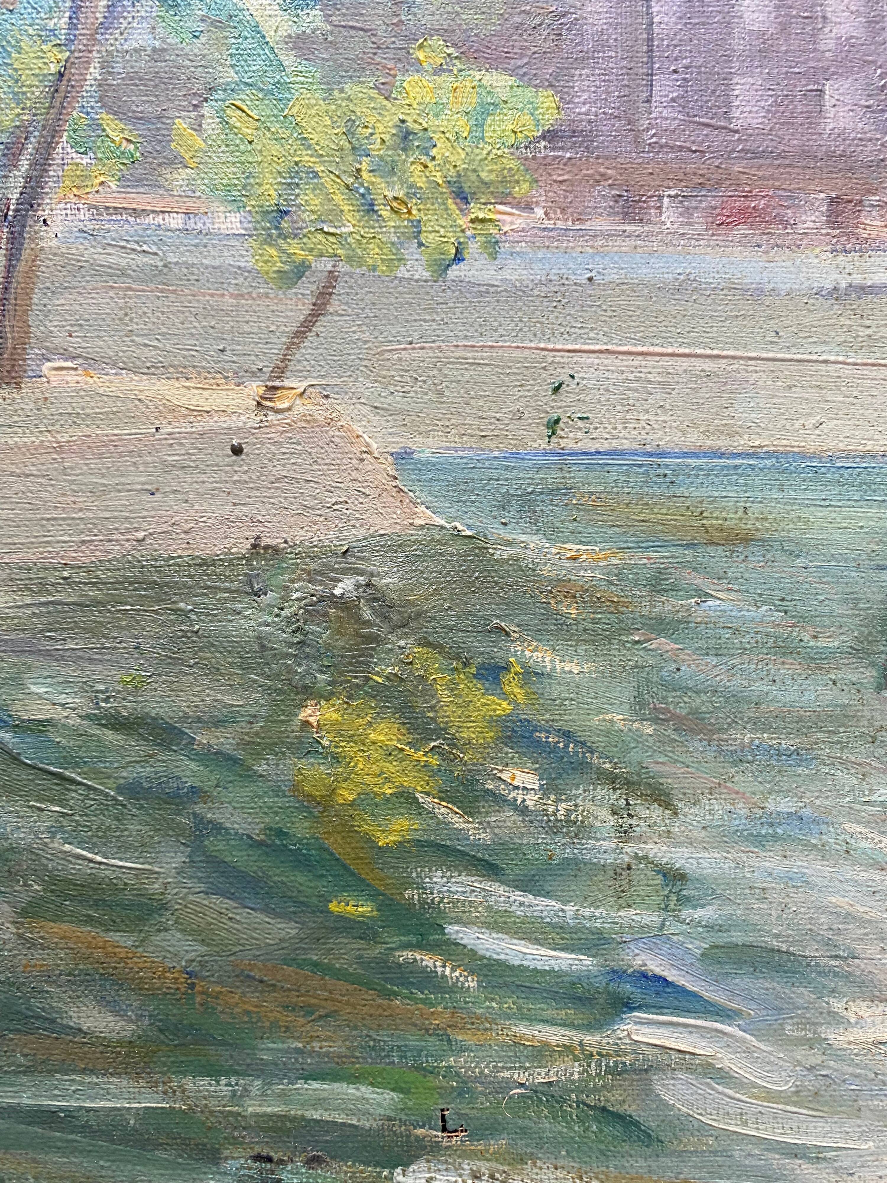 Painting "View of the Seine with tugboat" Paris signed circa 1950