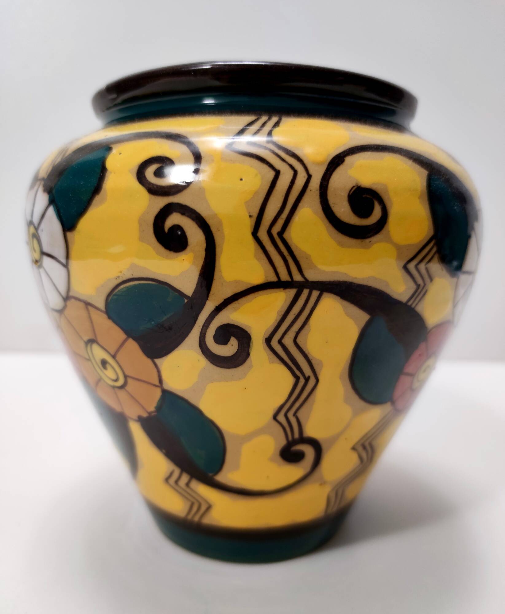 Futurist Yellow Glazed Earthenware Vase with Floral Motifs, Italy