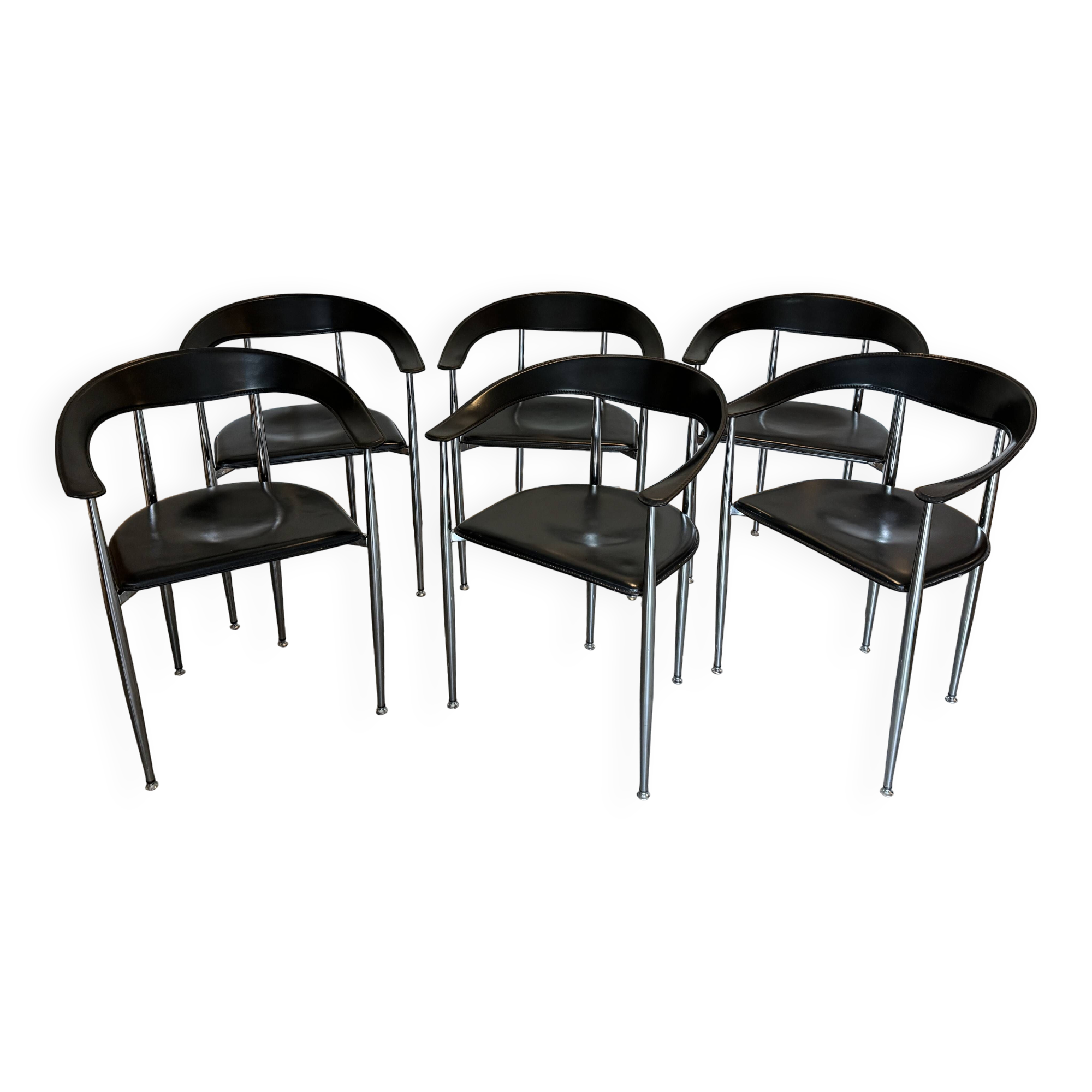 Set of 6 vintage arper chrome leather chairs