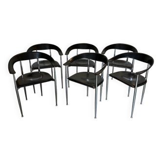 Set of 6 vintage arper chrome leather chairs