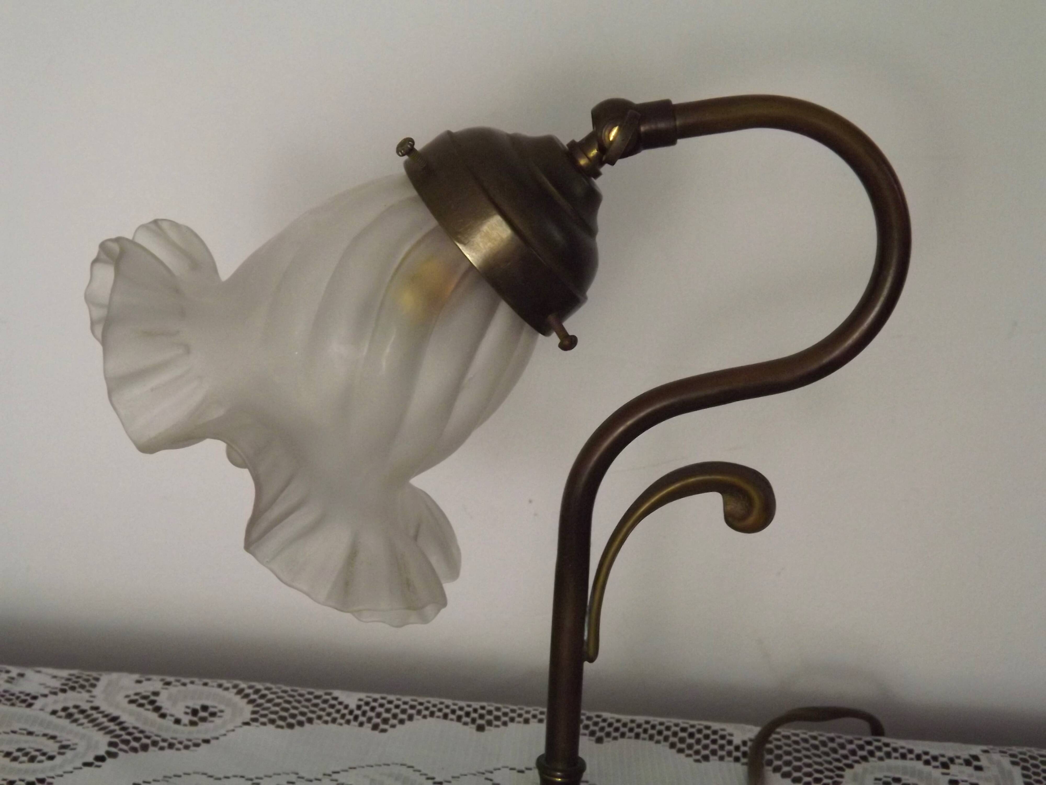 Vintage French Brass Gooseneck Table Lamp with Opaque Patterned Glass Shade 5522