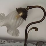 Vintage French Brass Gooseneck Table Lamp with Opaque Patterned Glass Shade 5522