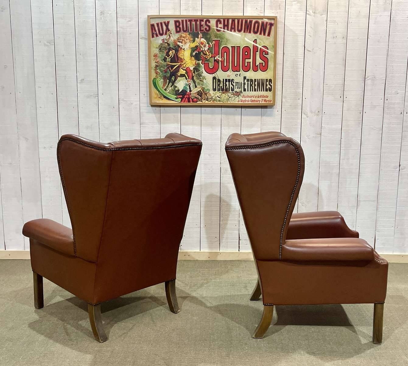 Pair of 1970s Chesterfield wingback chairs in brown leather