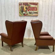Pair of 1970s Chesterfield wingback chairs in brown leather