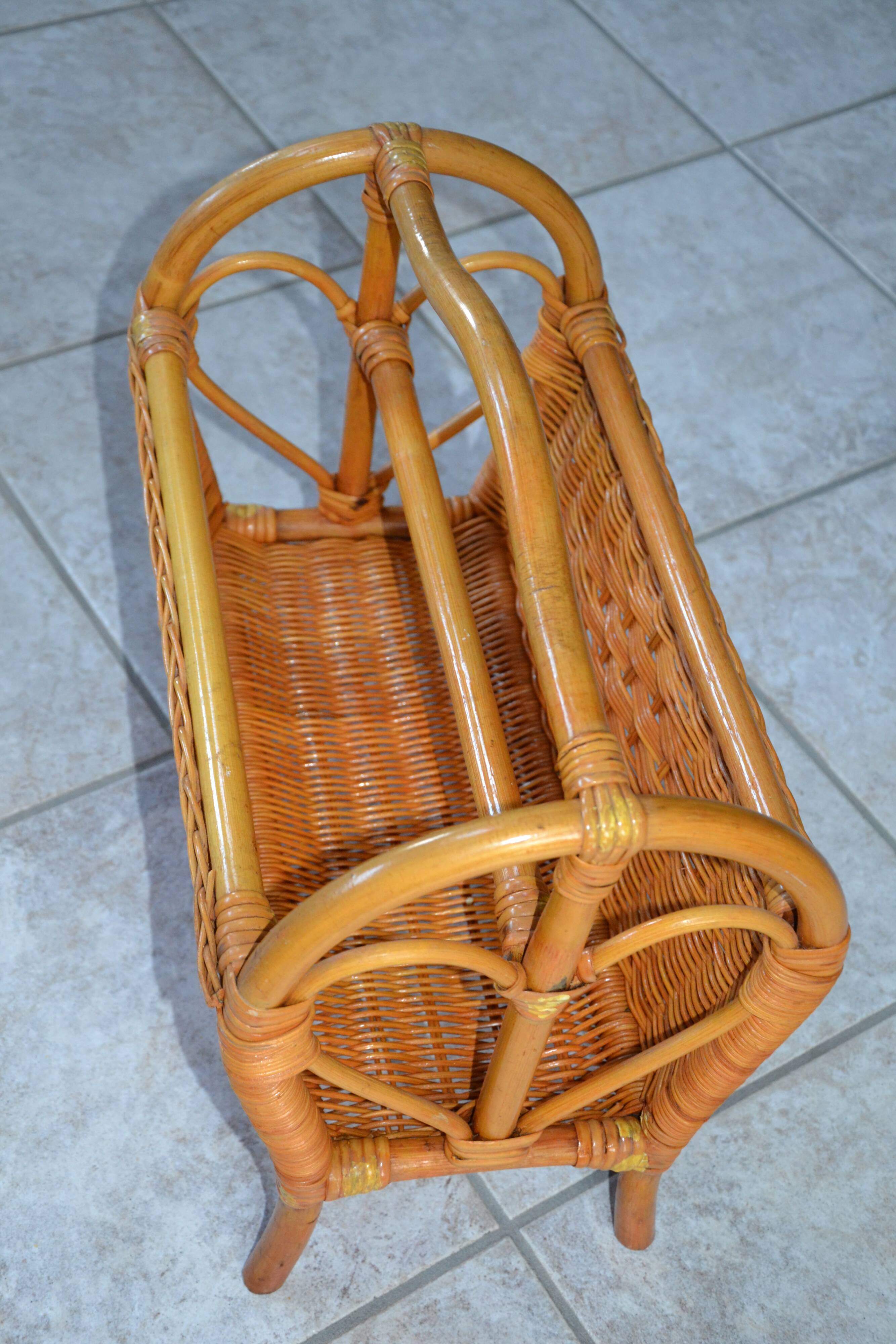 Vintage woven rattan magazine rack