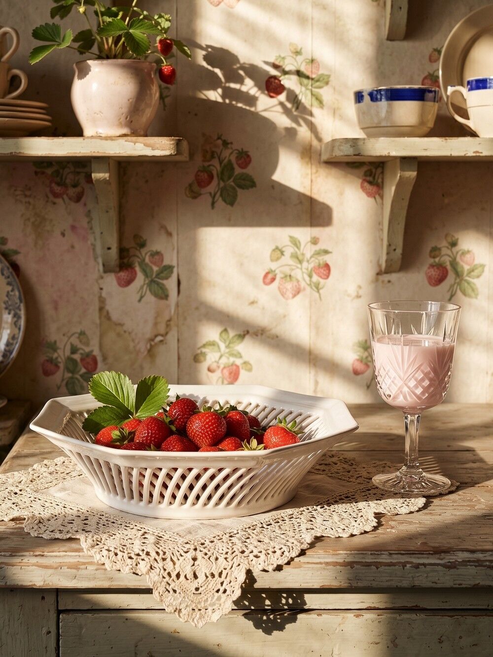 Pale pink woven octagonal porcelain bowl, circa 1950.