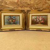 Pair of robert cox still life flowers oil painting canvas + golden wood frame