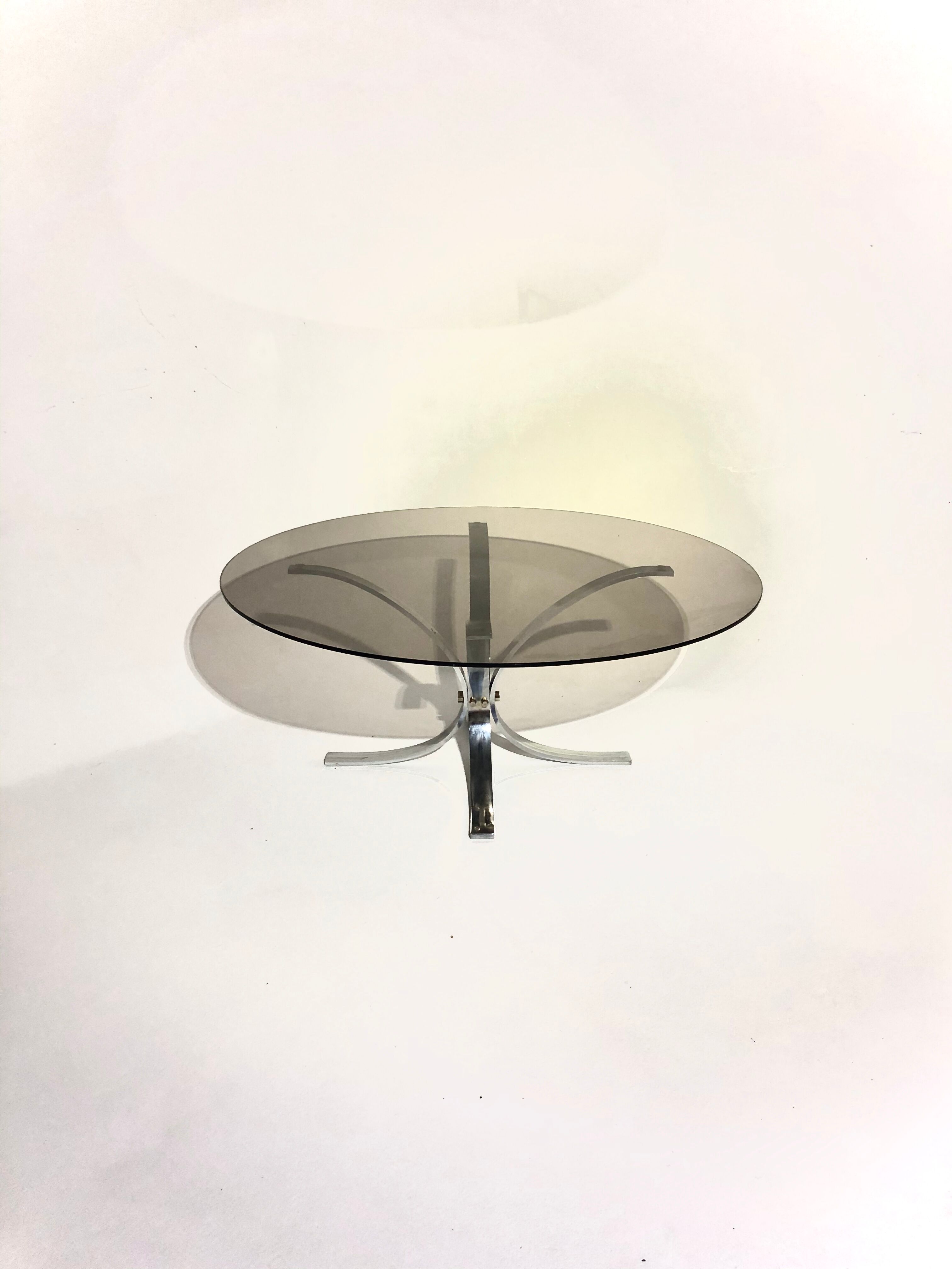Vintage coffee table, aluminum center stand and circular glass top