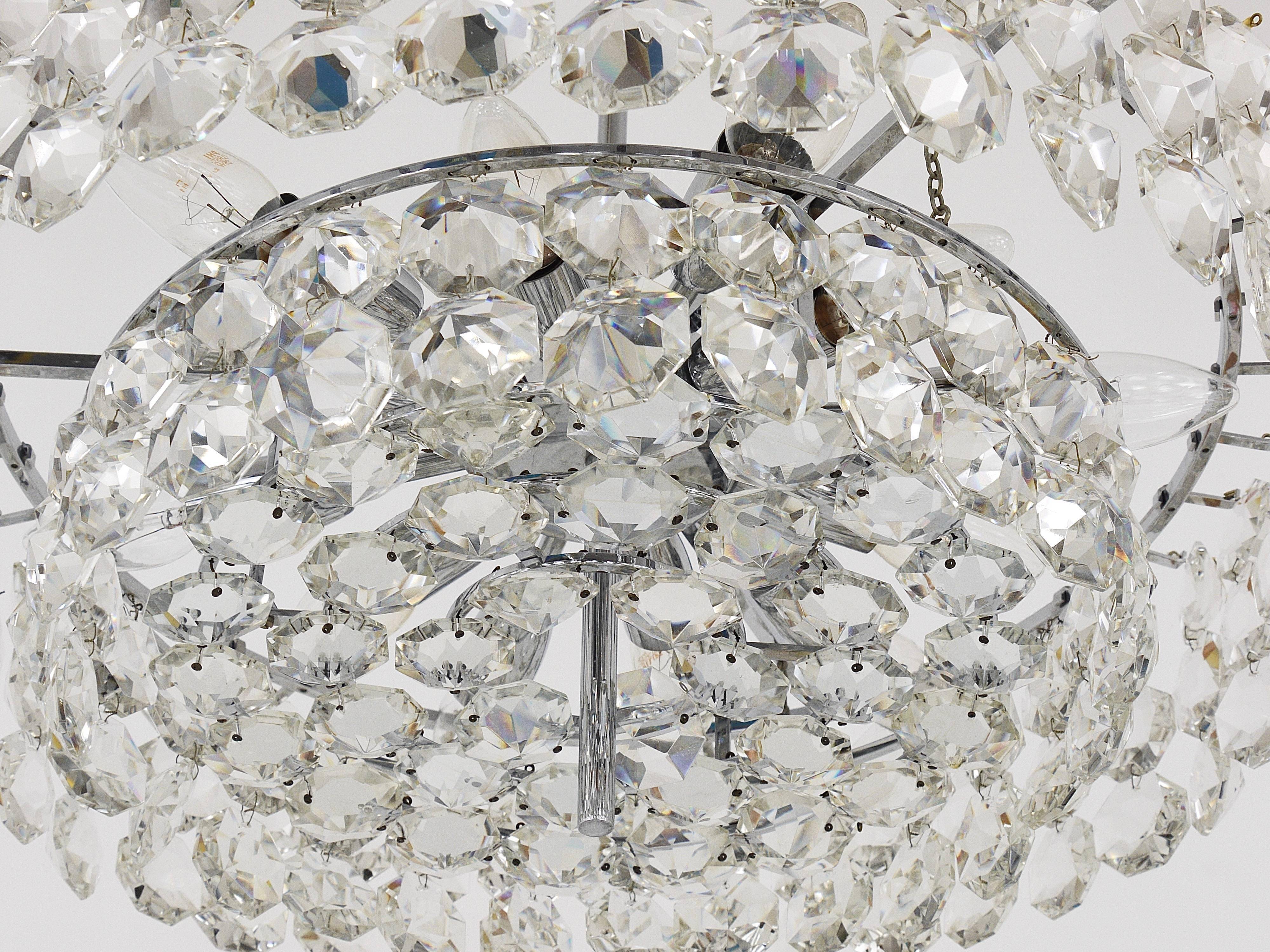 Grand lustre en laiton nickelé Bakalowits avec cristaux en diamant, Autriche, 1950