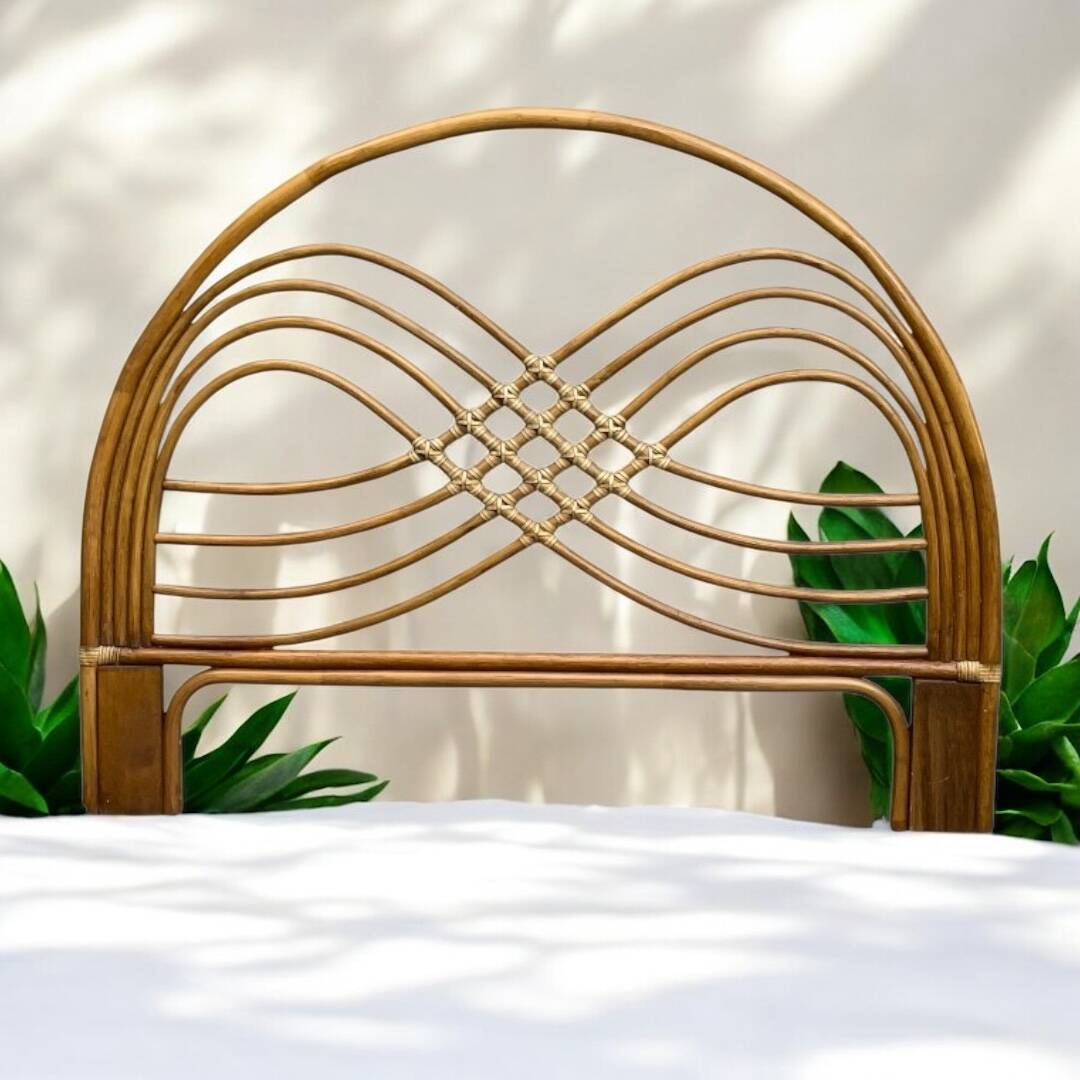 Rattan and leather headboard 140cm vintage 1970
