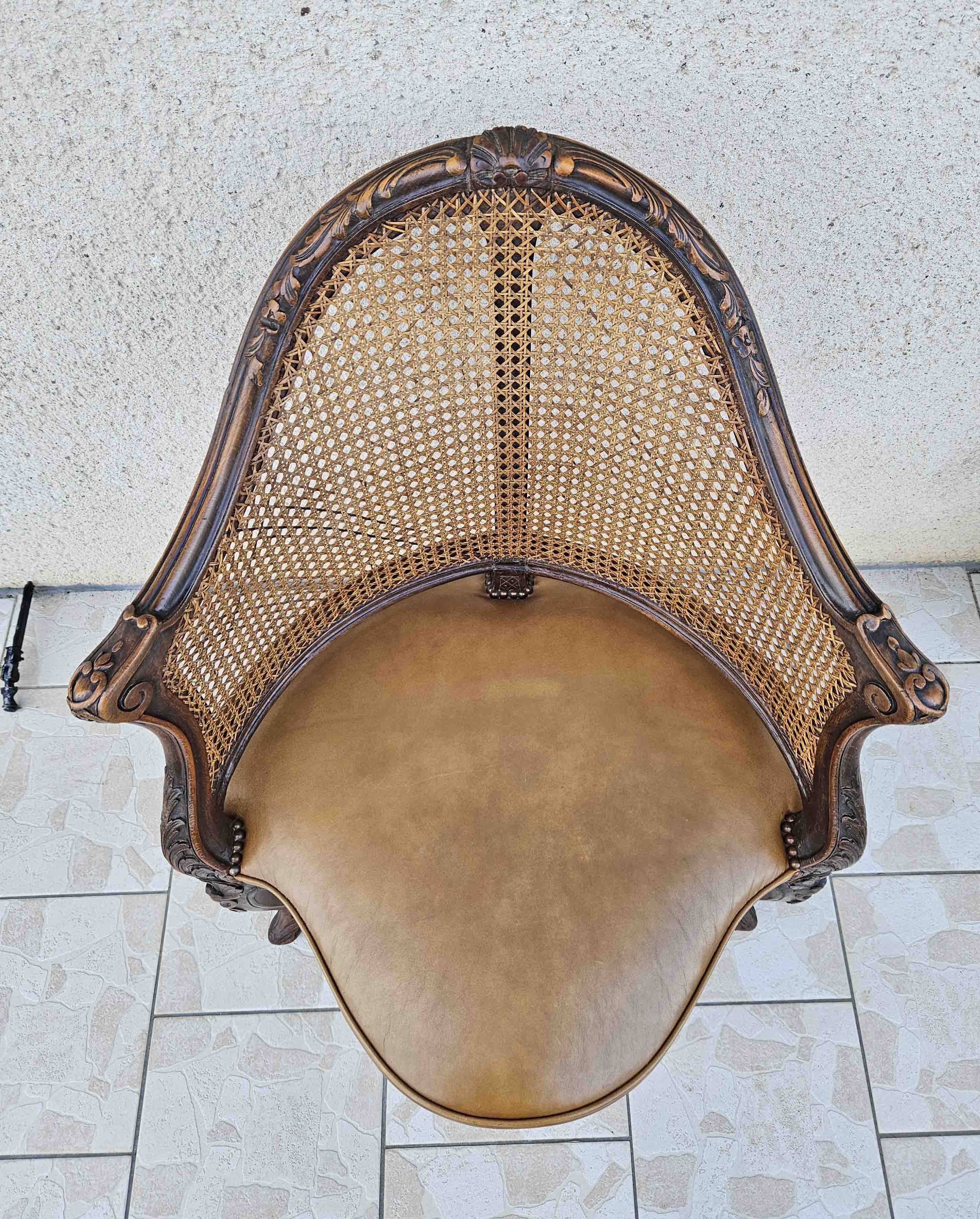 Louis xv office armchair, carved, cane, leather trimmed