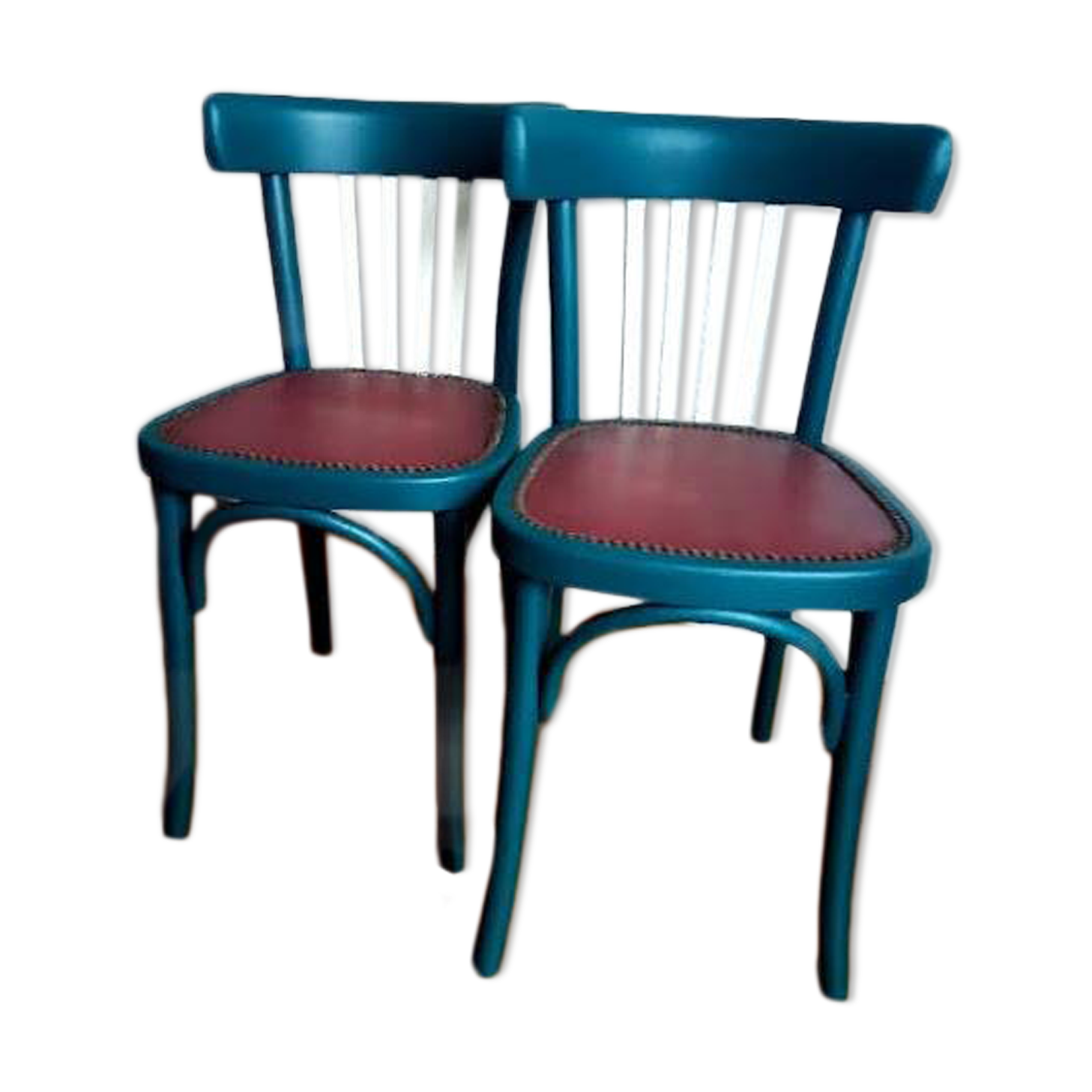 Pair of vintage emerald green bistro wooden chairs