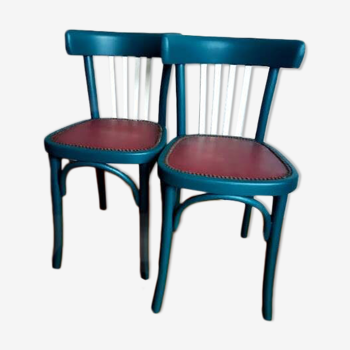Pair of vintage emerald green bistro wooden chairs