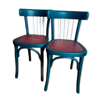 Pair of vintage emerald green bistro wooden chairs