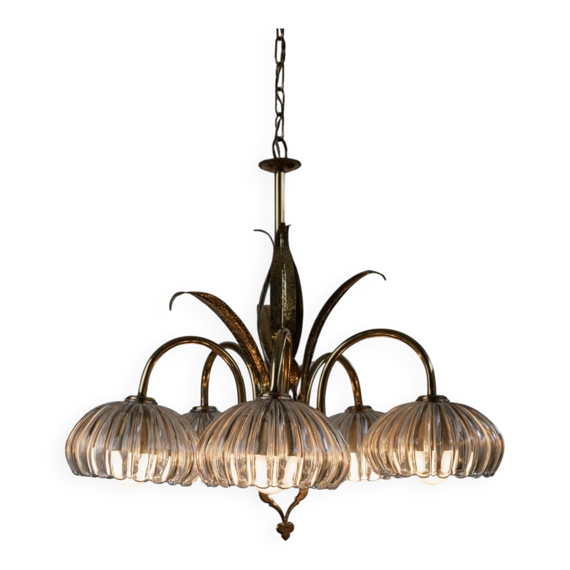 XL Clear Murano Glass and Brass Chandelier, Liberty-Style Organic Leaf Design, Italian 1960s