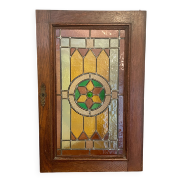 Rare - antique wooden furniture door with art nouveau stained glass