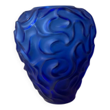 Blue frosted crystal vase Cristallerie de haute Bretagne France