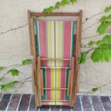 Vintage children's deckchair, sun lounger, striped canvas, 1960-1970.