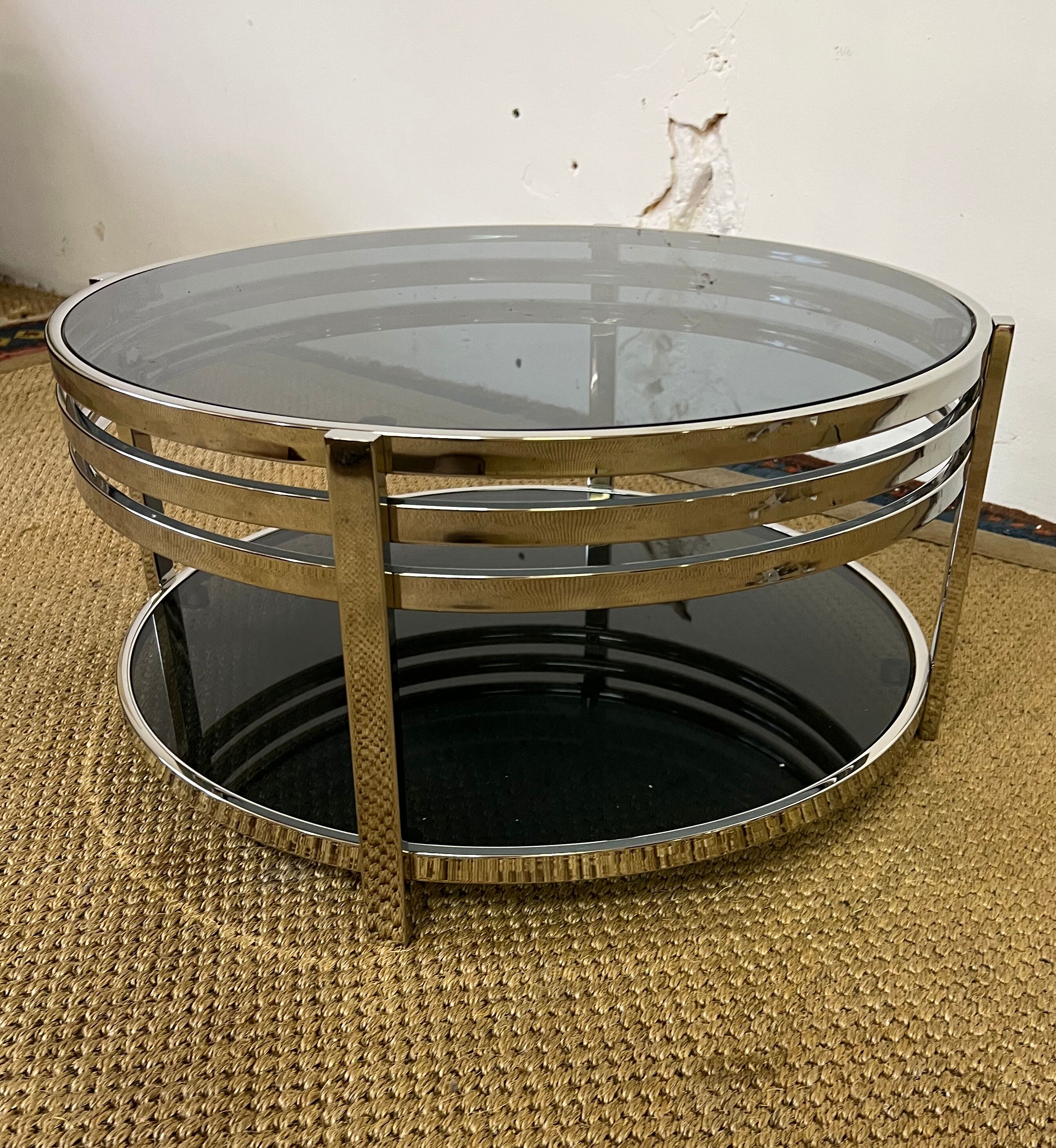 Coffee table in chromed metal and smoked glass, 1970