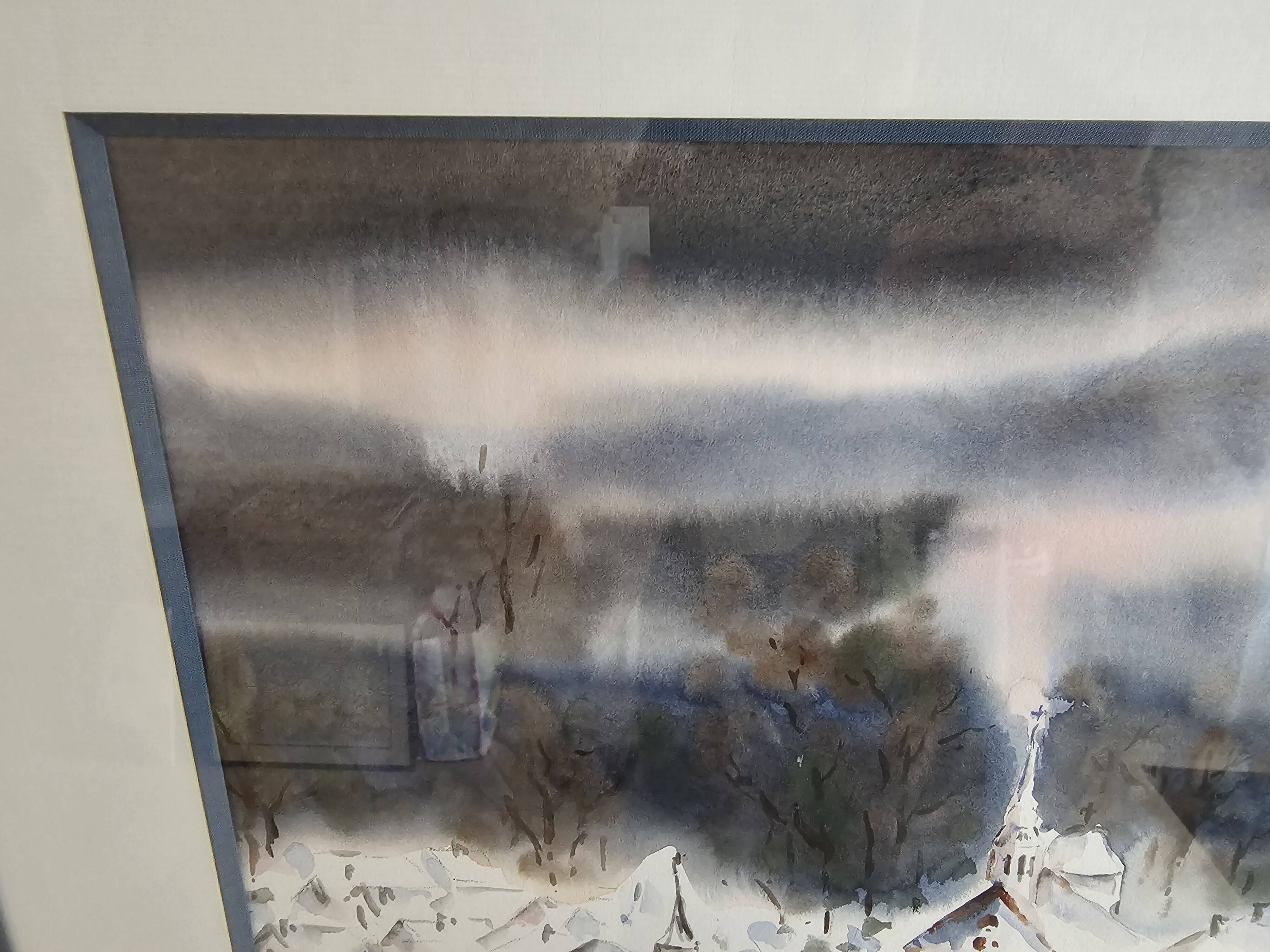 Painting - Watercolor snow landscape - View of Megève Signed