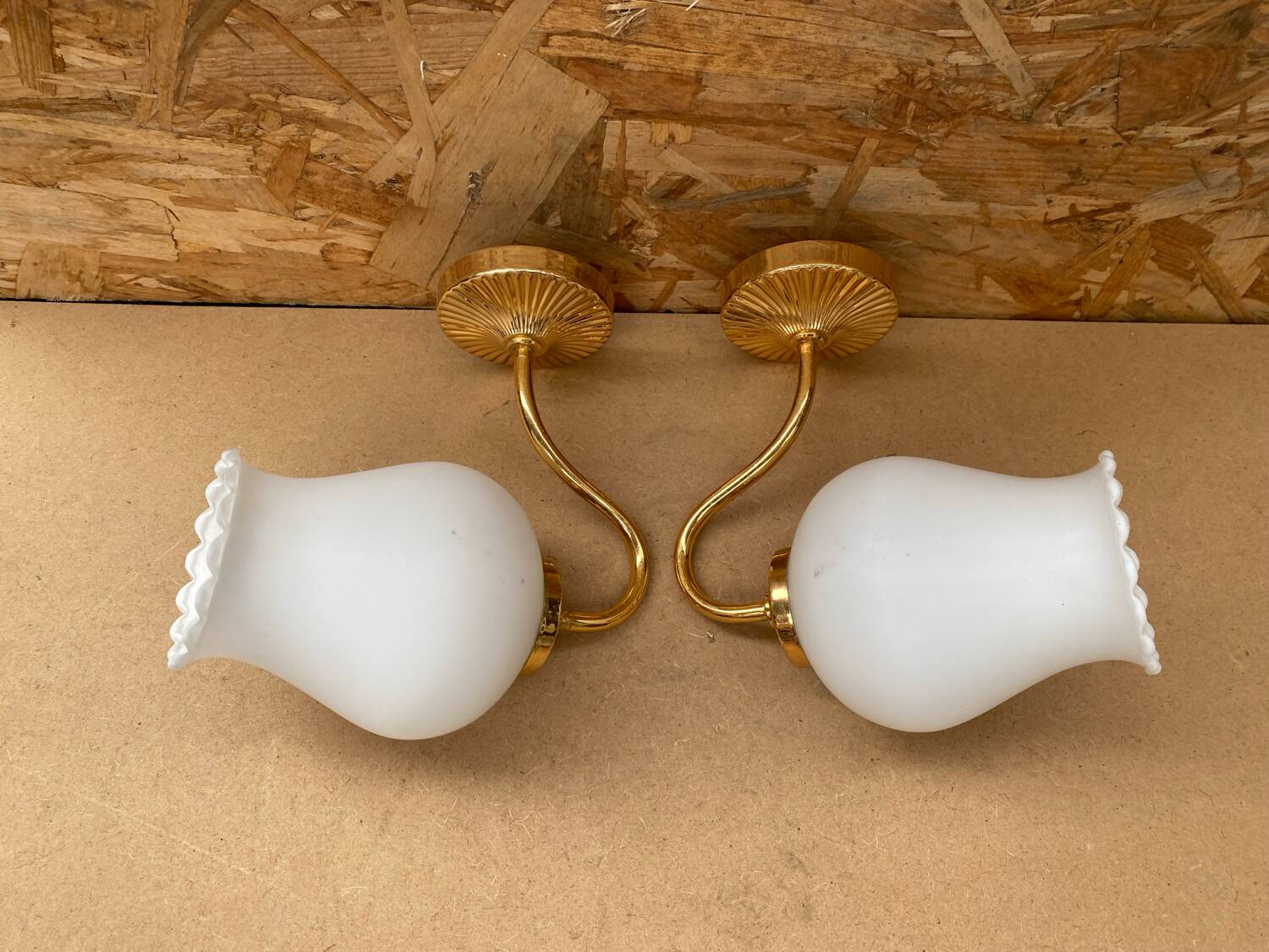 Pair of Antique Wall Lamps in Gold Metal + Vintage White Opaline