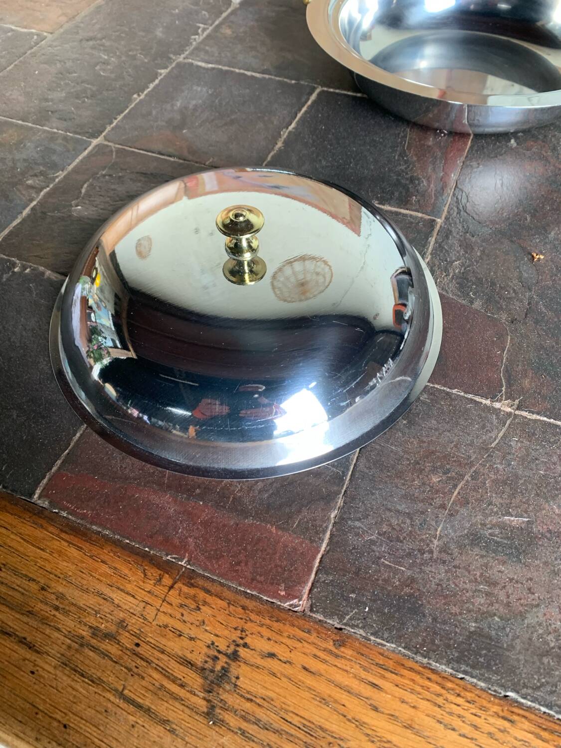 Vintage stainless steel vegetable dish AR CAS 18/10 – brass handles