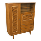 Armoire-secrétaire (3 tiroirs) 1960 en bois et rotin