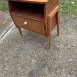 Mid-century brown mahogany bedside table Varia (1950s) with niche and door.