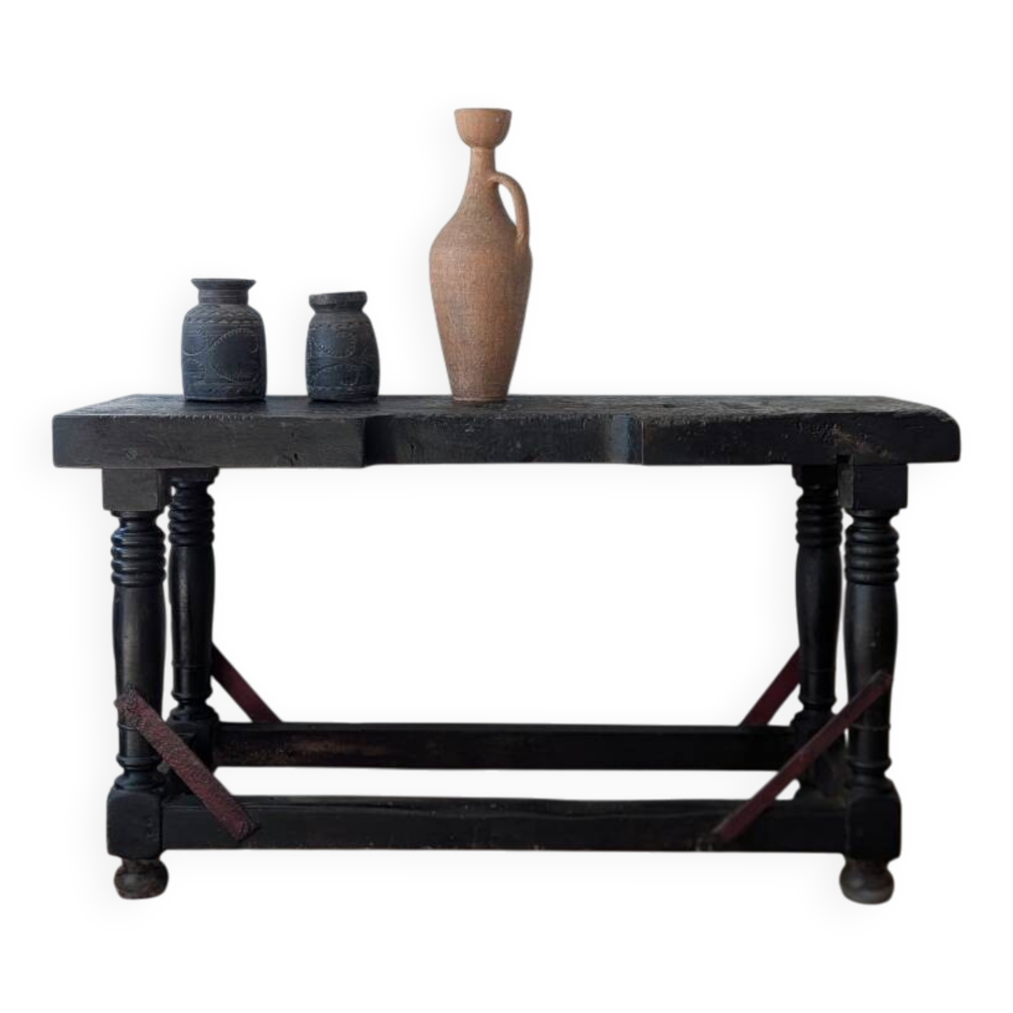 Console / old solid wood jeweler's workbench, turned legs