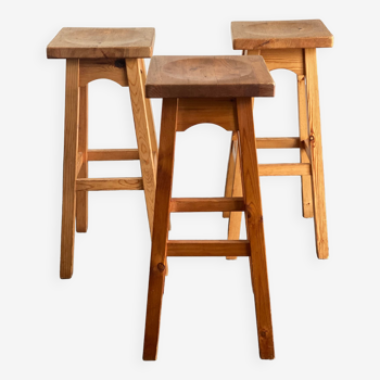 Trio of vintage pine wood bar stools