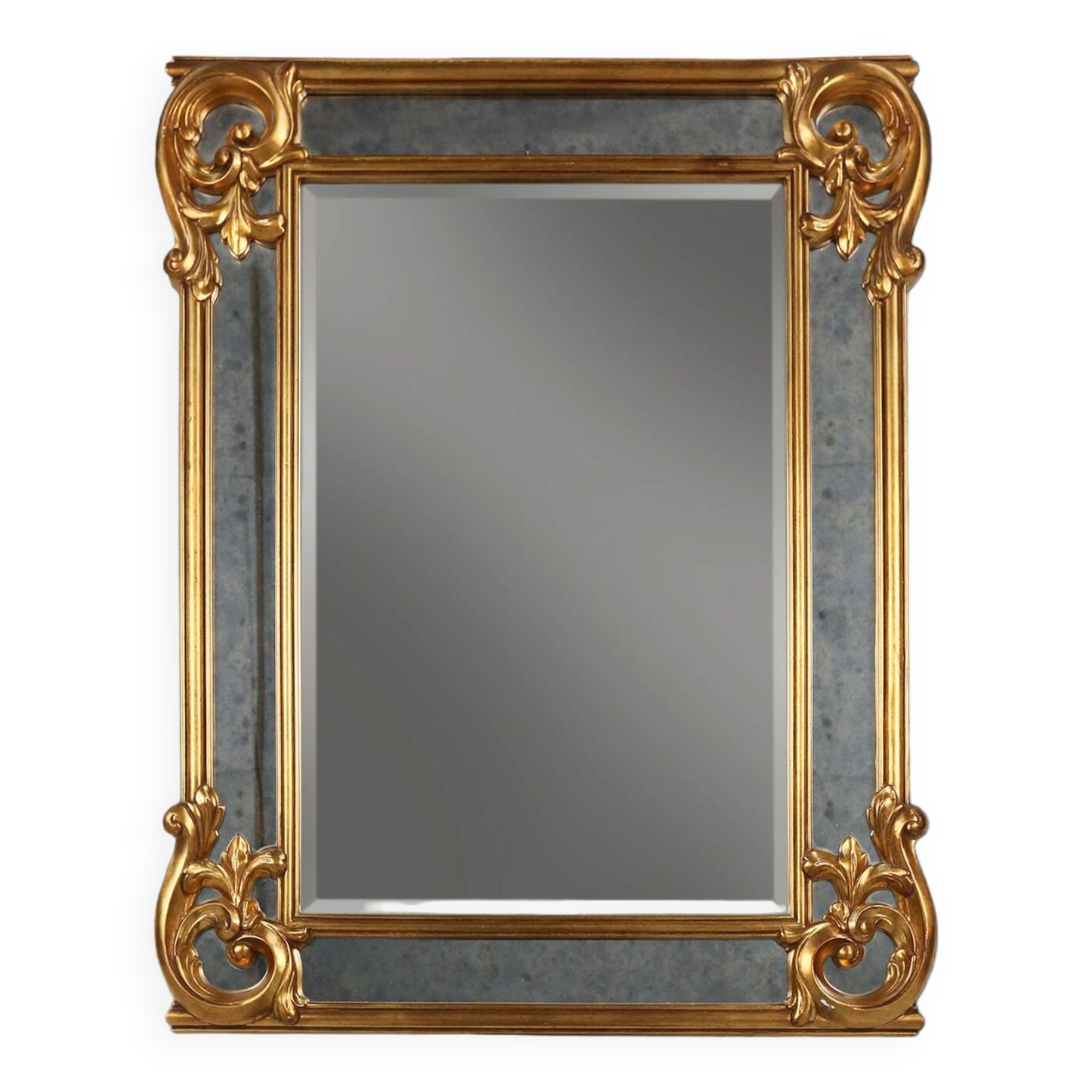 Richly decorated wall mirror in resin with golden ornaments and smoked mirror glass panels, Belgium,