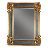 Richly decorated wall mirror in resin with golden ornaments and smoked mirror glass panels, Belgium,