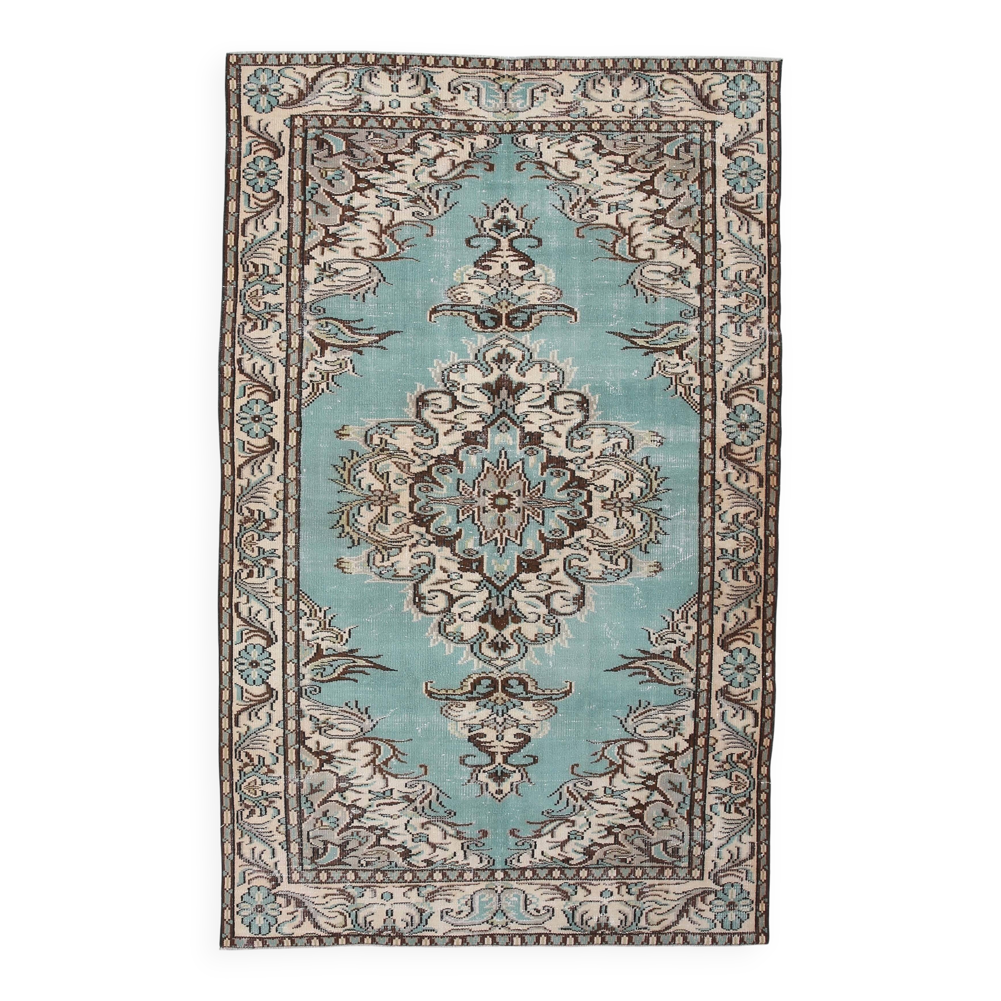 Turquoise & Brown Living Room Rug, Oushak Vintage Rug, 173x270 Cm