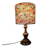 lampe bois massif tourné, abat-jour flower power style seventies