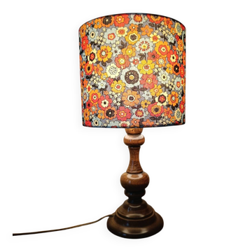 lampe bois massif tourné, abat-jour flower power style seventies
