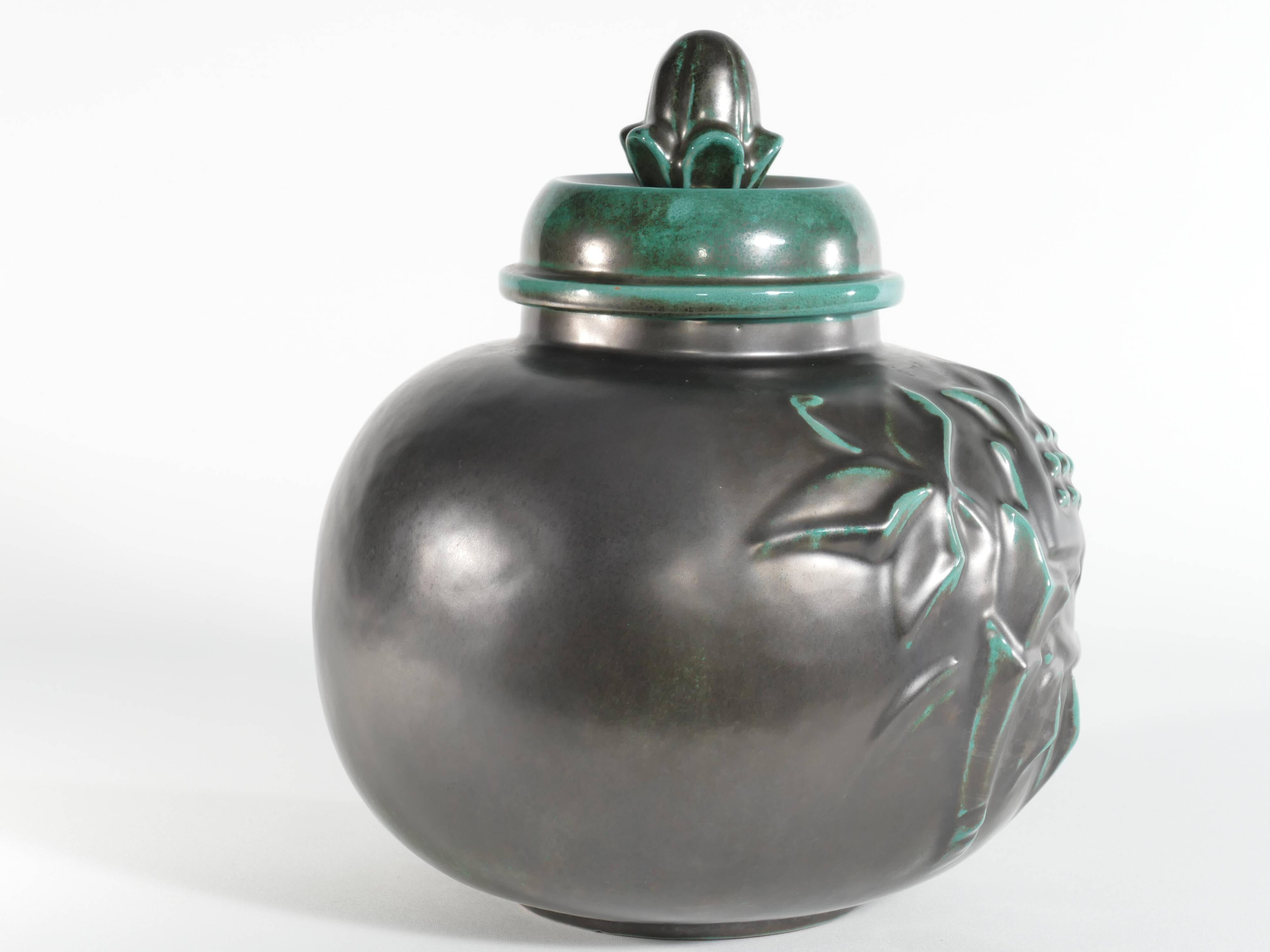 Large Art Deco Green Lidded Jar by Anna-Lisa Thomson for Upsala-Ekeby, 1930's
