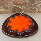 Antique multicolored ceramic cheese tray + vintage gold metal handle