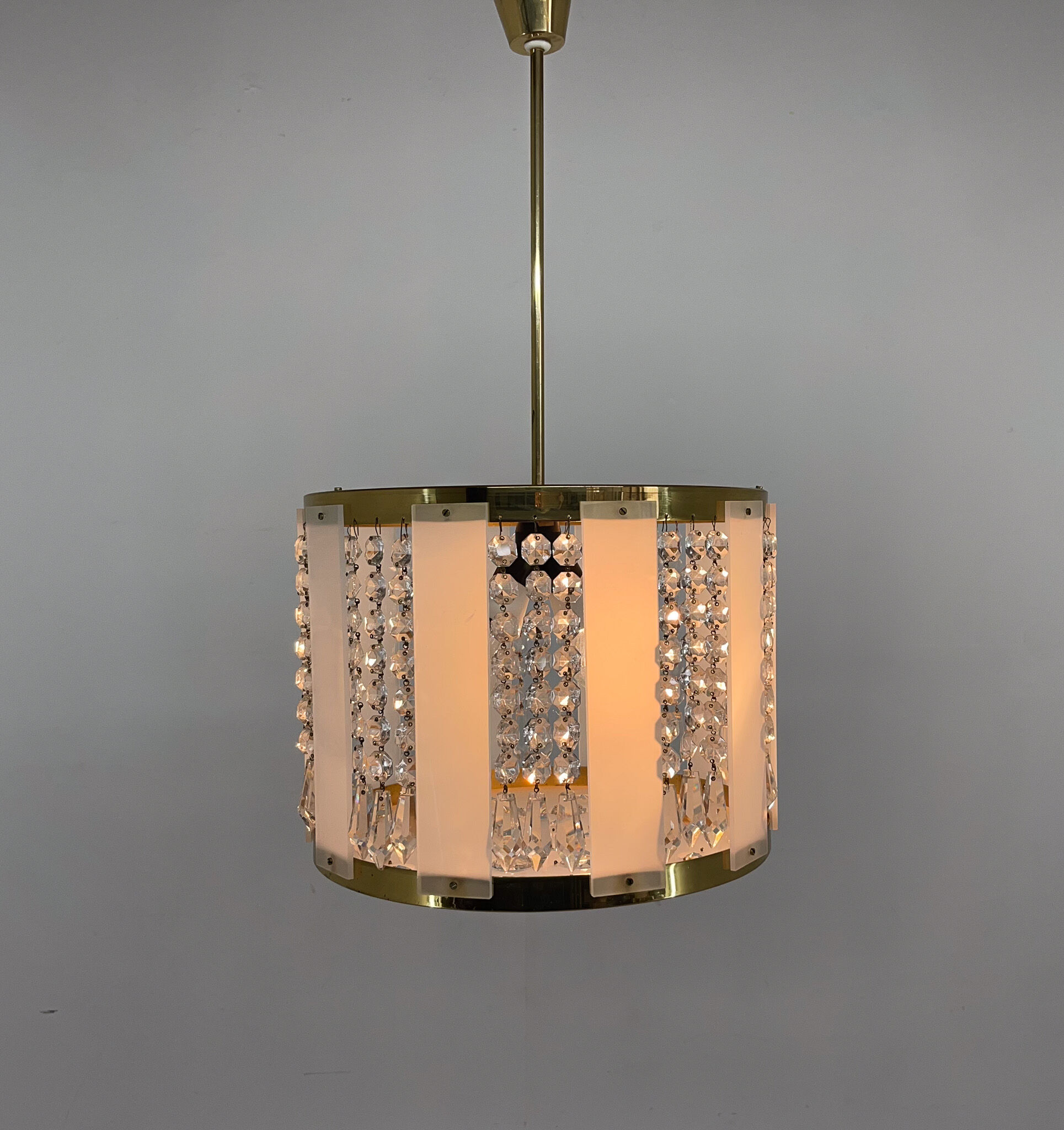 1970's Brass & Crystal Pendant Light by Novy Bydzov Glasswork, Czechoslovakia