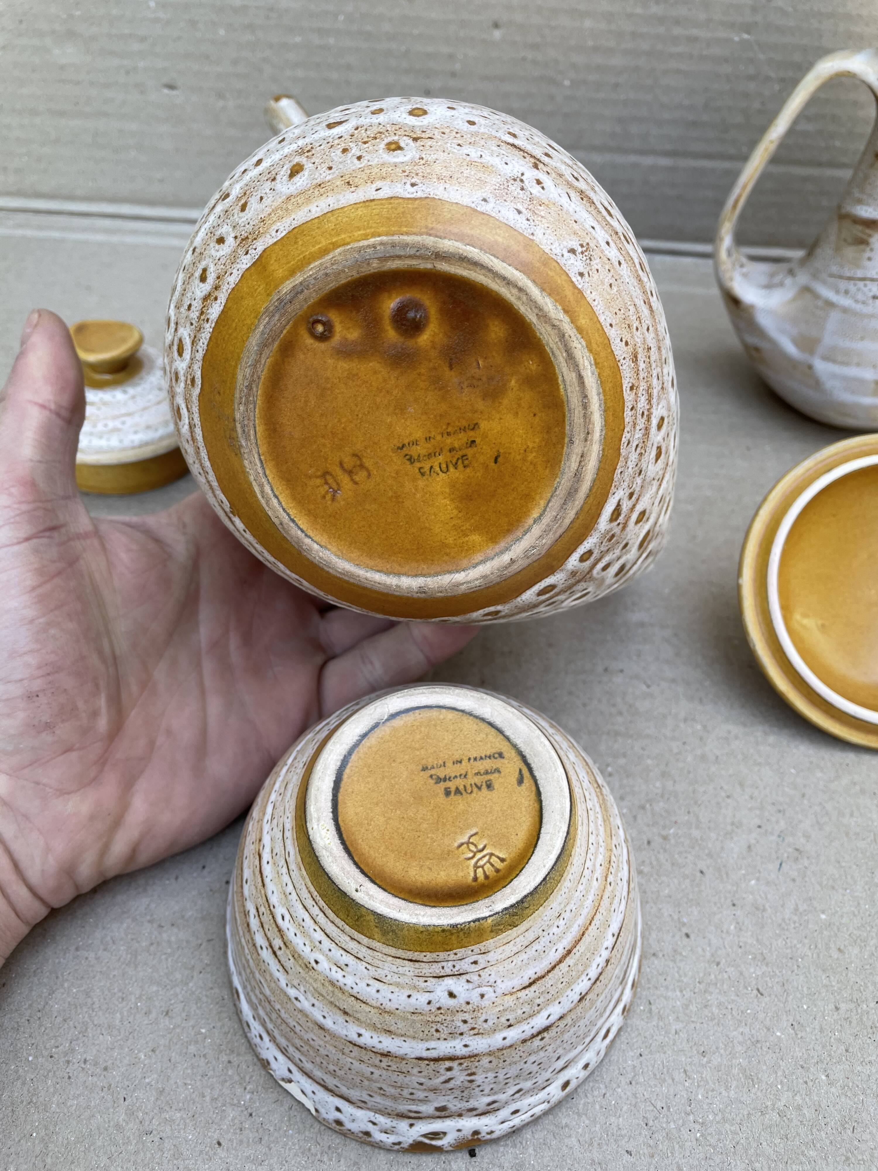 Stoneware coffee set niderviller model fauve - vintage - hand decoration