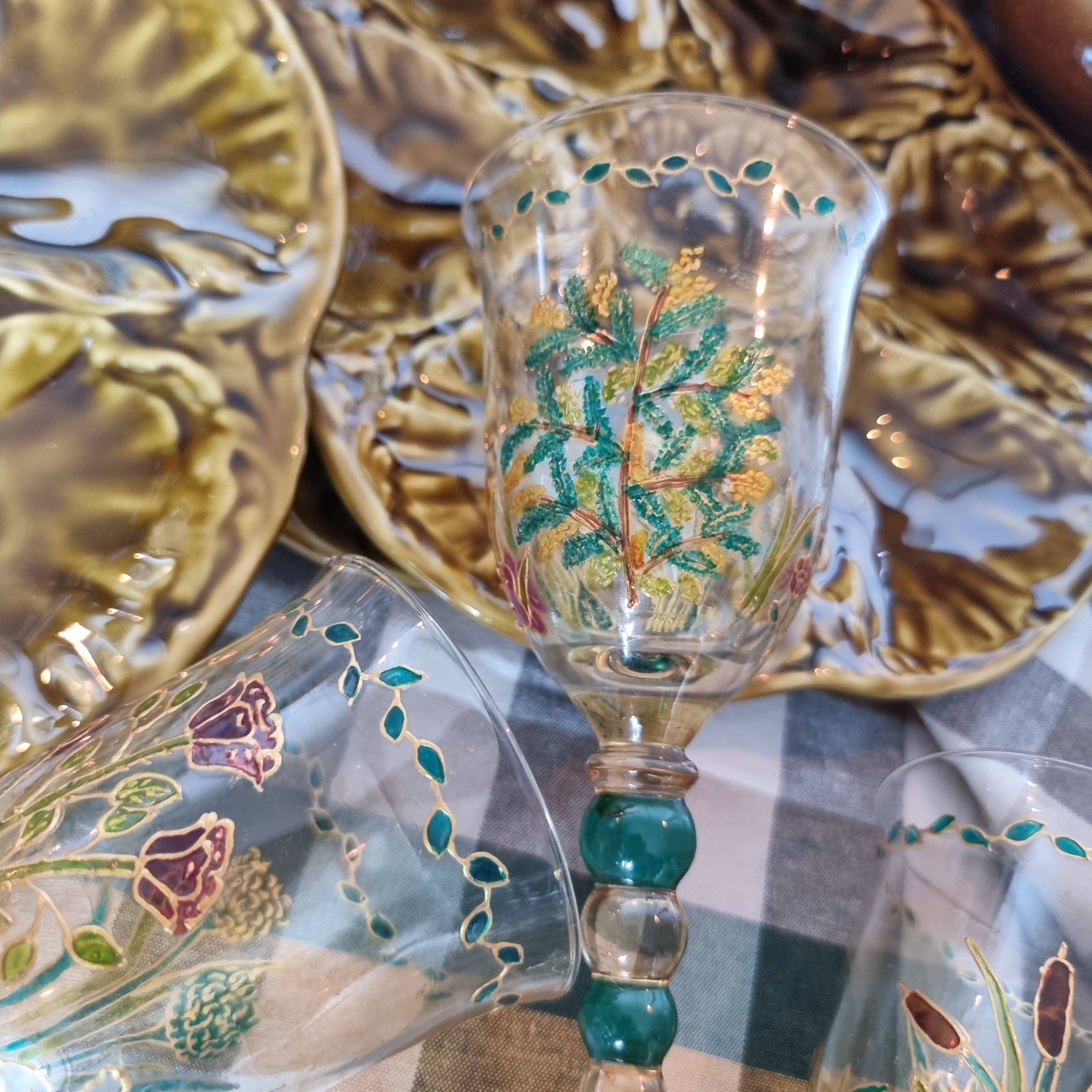 Set of 4 antique hand painted glass water or wine glasses with details inspired by the style