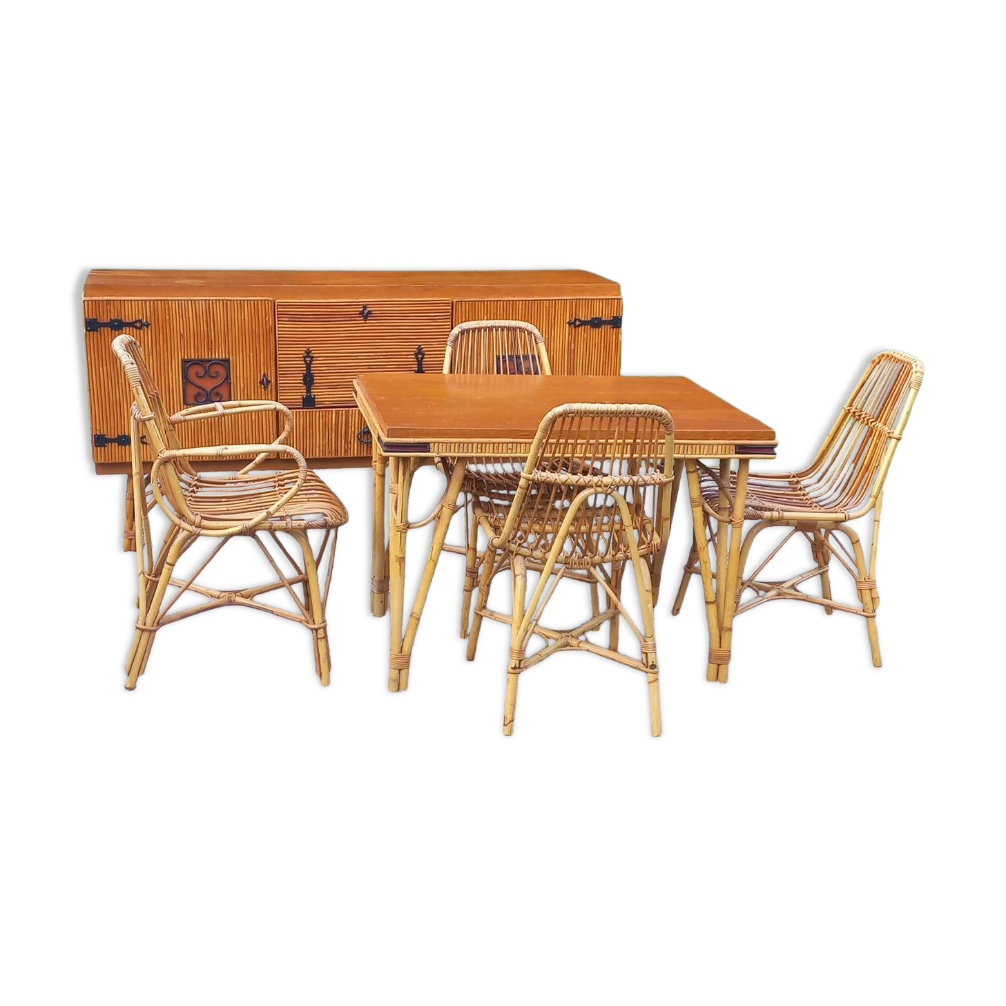 Vintage dining room attributed to Audoux and Minet in bamboo and rattan
